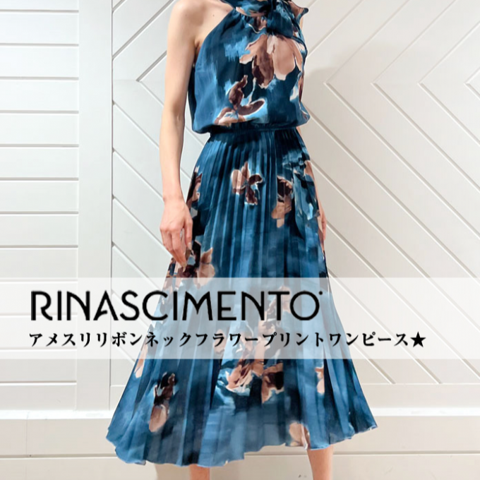 【Rinascimento(リナシメント)】アメスリリボンネックフラワープリントワンピース