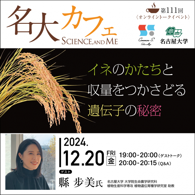 セミナー動画&レポート♪　12/20(金)開催　第111回 名大カフェ　”イネのかたちと収量をつかさどる遺伝子の秘密”