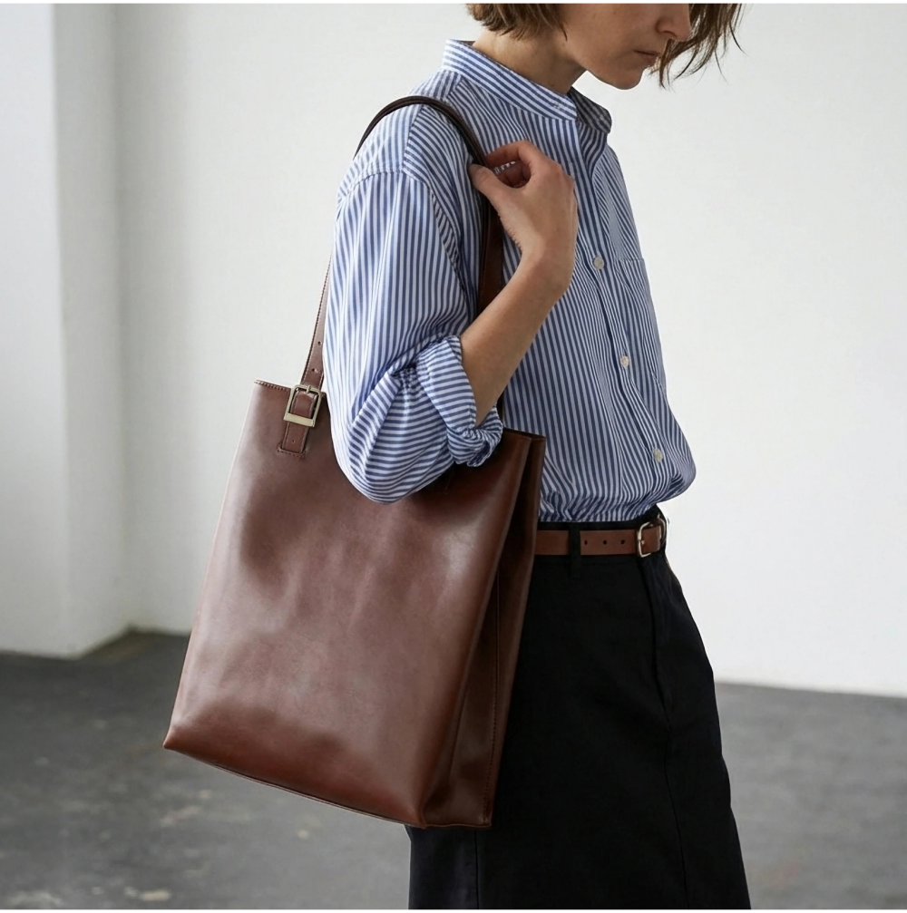 艶やかなレザーが引き立つ、ミニマルなシルエットの縦型トートバック。