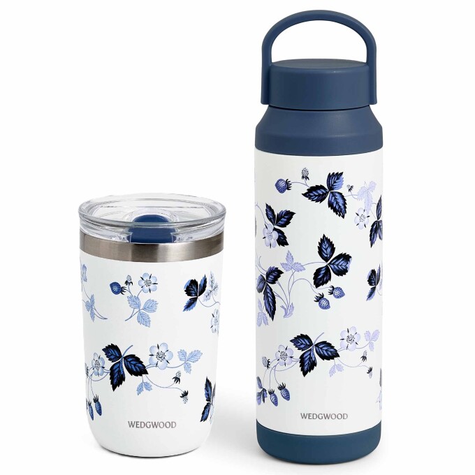 【ウェッジウッド】新商品　ストロベリー インクブルー サーモボトル ＆ 蓋付ドリンクタンブラー（ステンレス） 