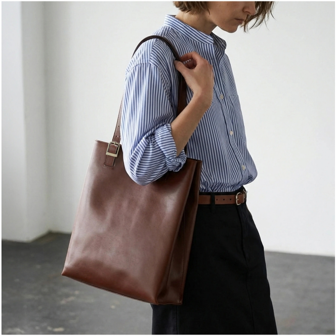艶やかなレザーが引き立つ、ミニマルなシルエットの縦型トートバック。