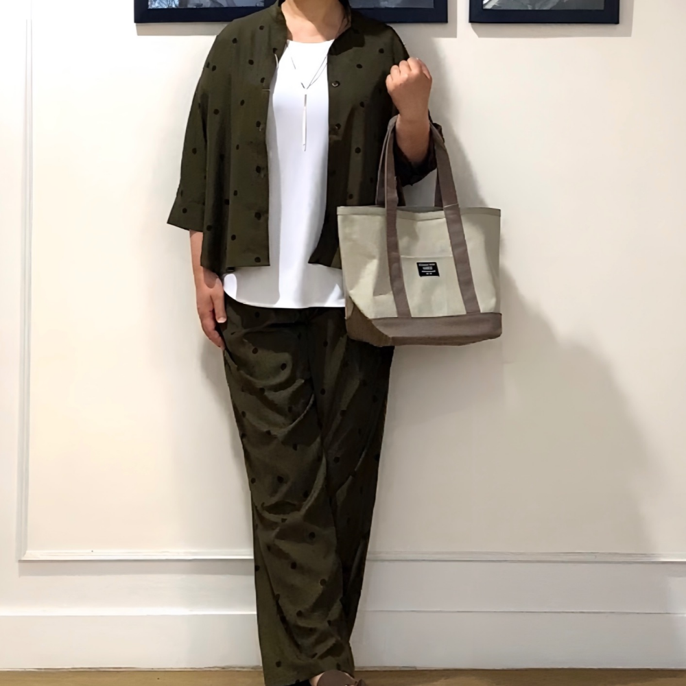ドット柄セットアップで甘すぎないこなれコーディネート🌿.∘