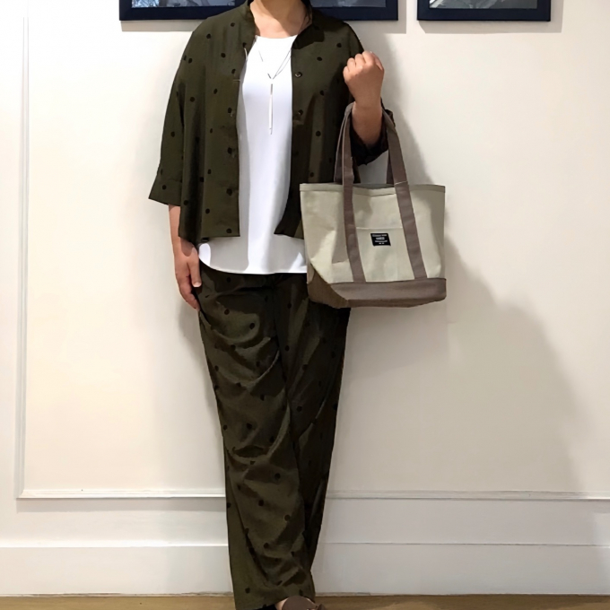 ドット柄セットアップで甘すぎないこなれコーディネート🌿.∘