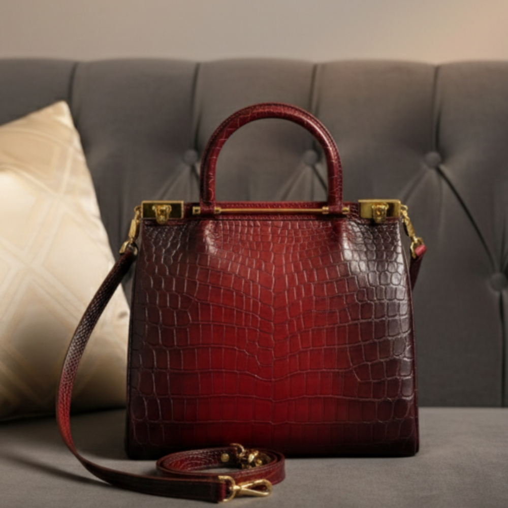 【クロコダイル専門店】深紅のグラデーションが目を惹く、センター取りハンドバッグ