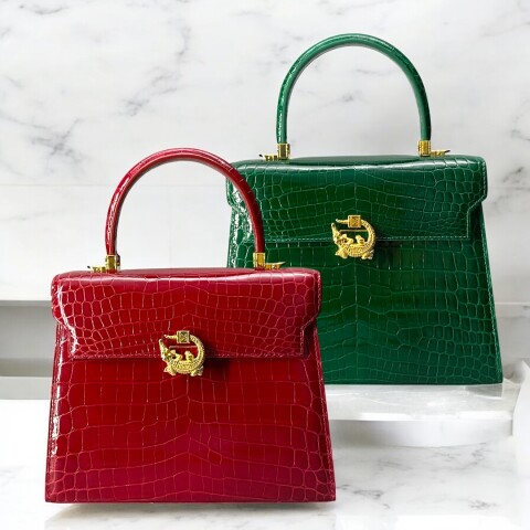 クワンペン クロコダイル センター取り ハンドバッグ バーガンディー