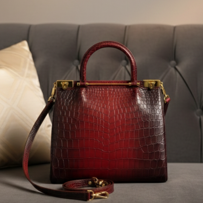 【クロコダイル専門店】深紅のグラデーションが目を惹く、センター取りハンドバッグ