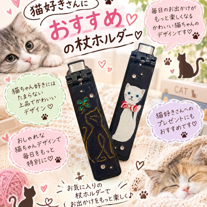 猫好きさん必見♡猫ちゃん柄のかわいい杖ホルダー🐈‍⬛🖤