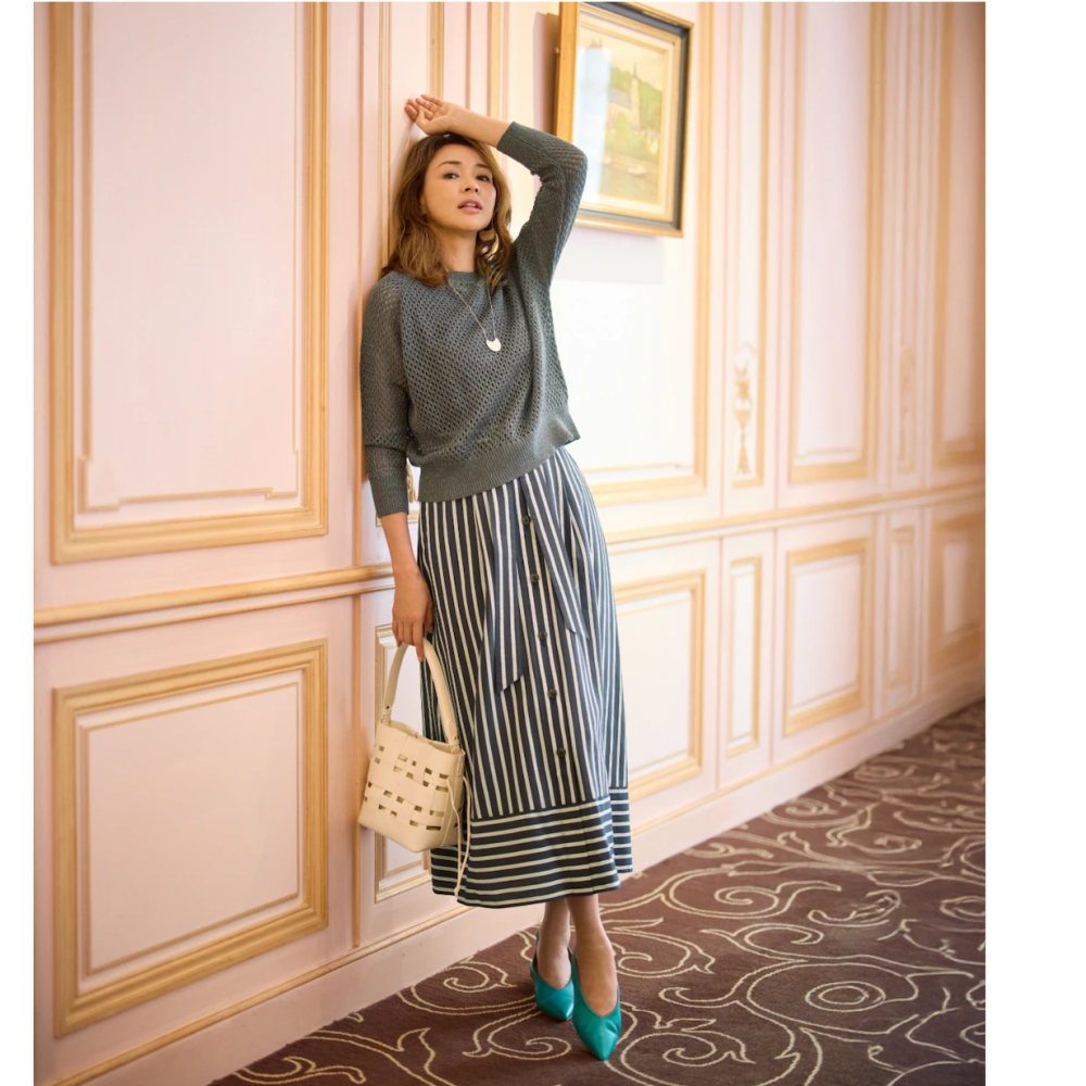 自由区 新鮮メッシュニット✖綺麗なラインのスカートコーディネート