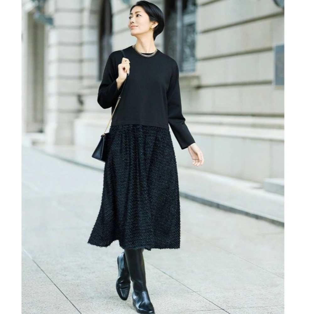 【自由区】一枚で華やか◎異素材ドッキングワンピ