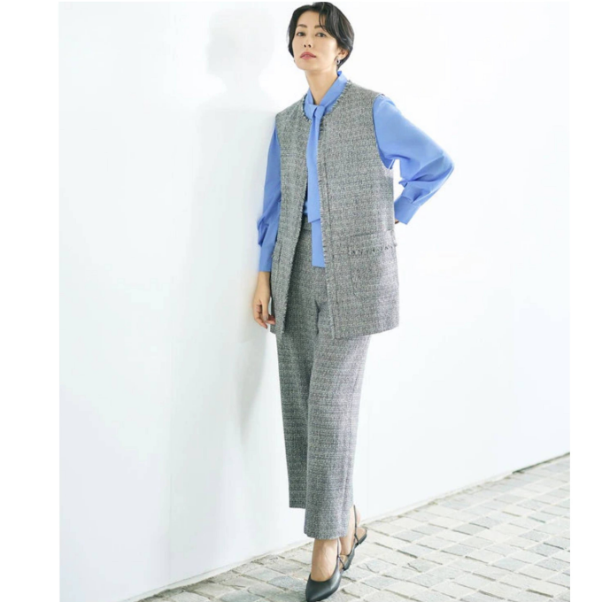 自由区 オンオフに使いやすいミックスツイードジレ