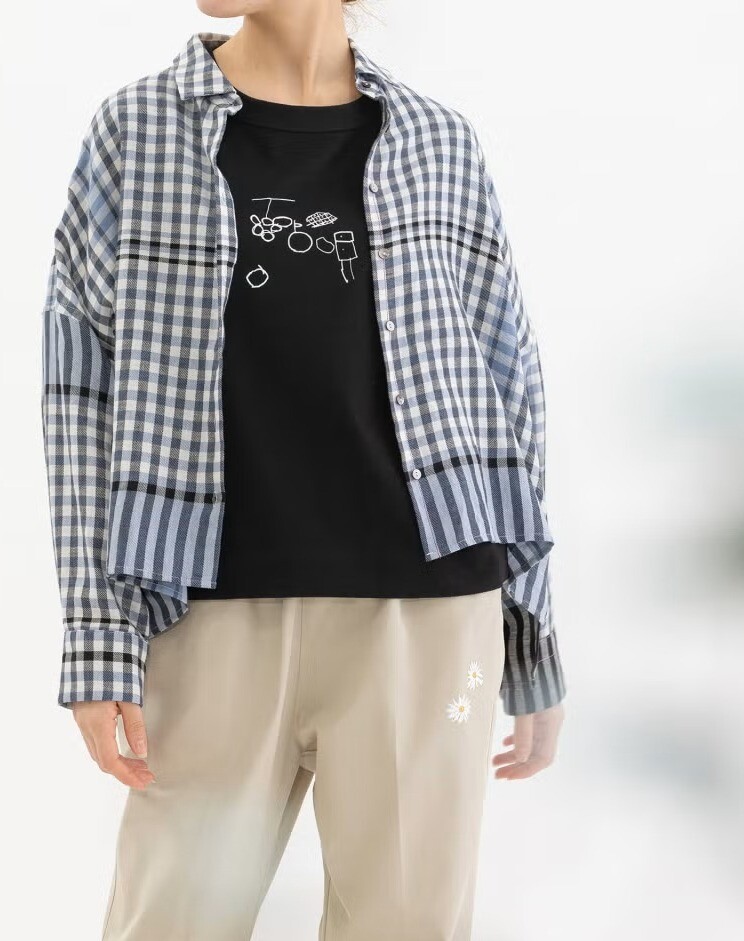 【2Fノップドゥノッド】コットンリネンのパネルチェックシャツ