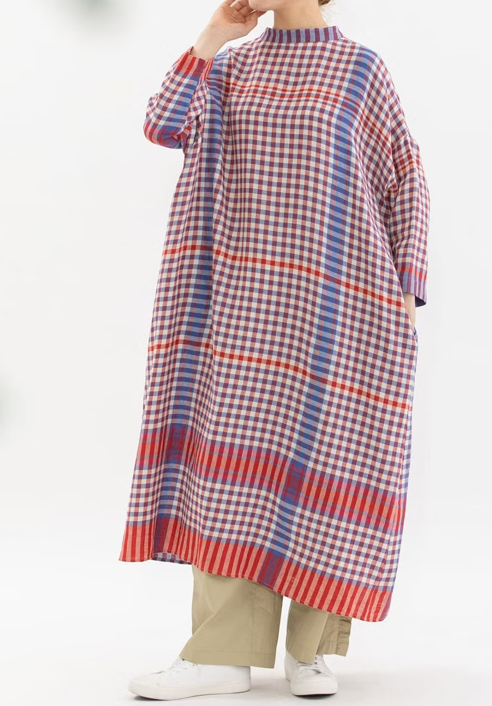 【2Fノップドゥノッド】コットンリネンのパネルチェック2Wayワンピース