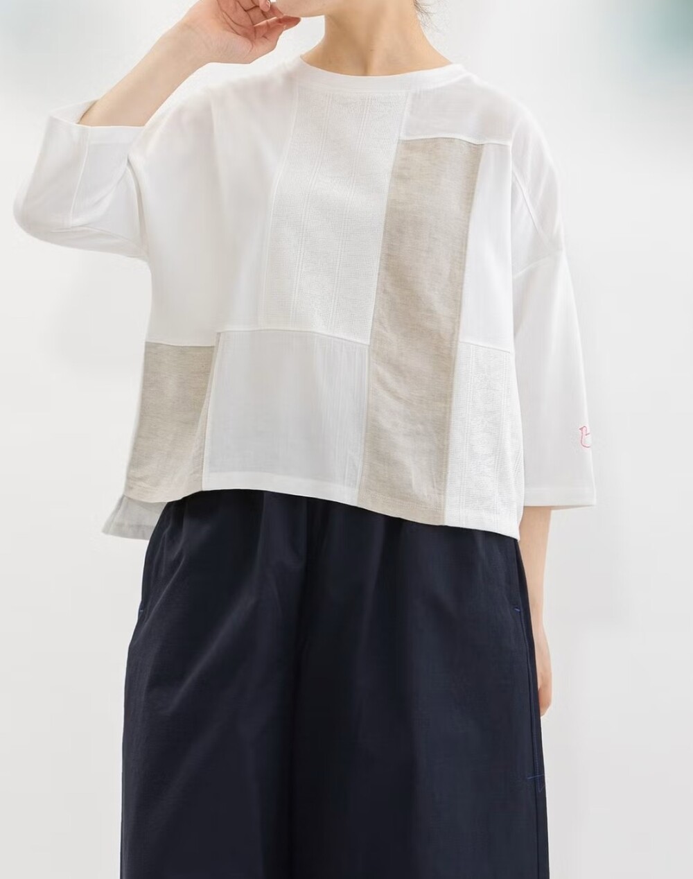 【2Fノップドゥノッド】パッチワークの７分袖Tシャツ