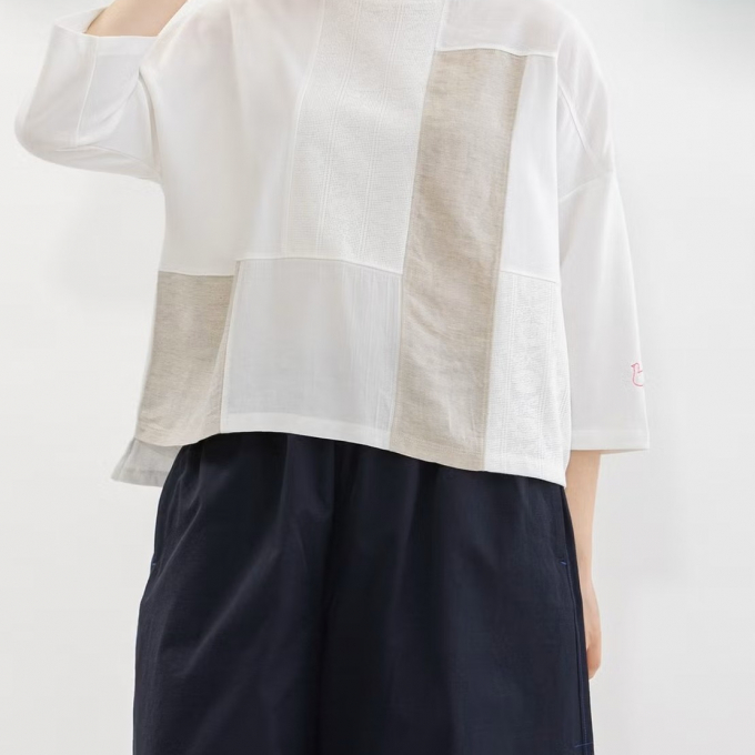 【2Fノップドゥノッド】パッチワークの７分袖Tシャツ