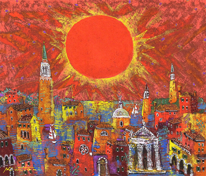 新品，大得価 絹谷幸二、ヴェネツィア朝陽、希少画集画、新品額装付