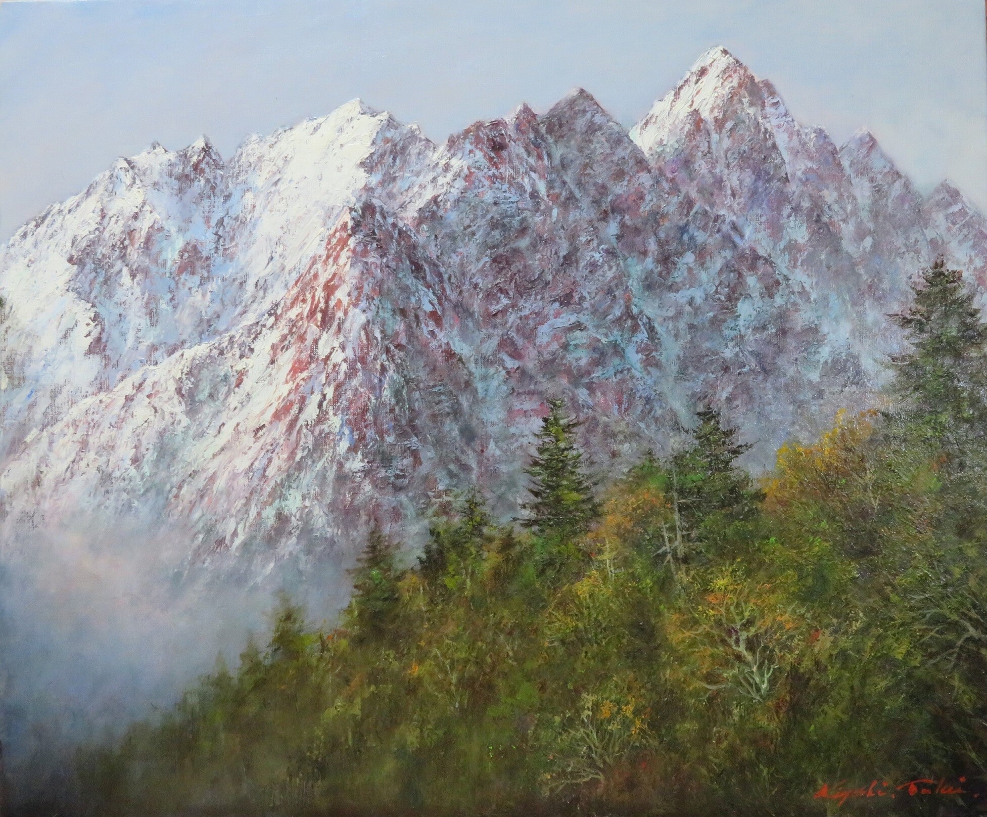 491649 油彩 武井清 作 「槍ヶ岳新雪（鏡平）」（F6）画家・風景画