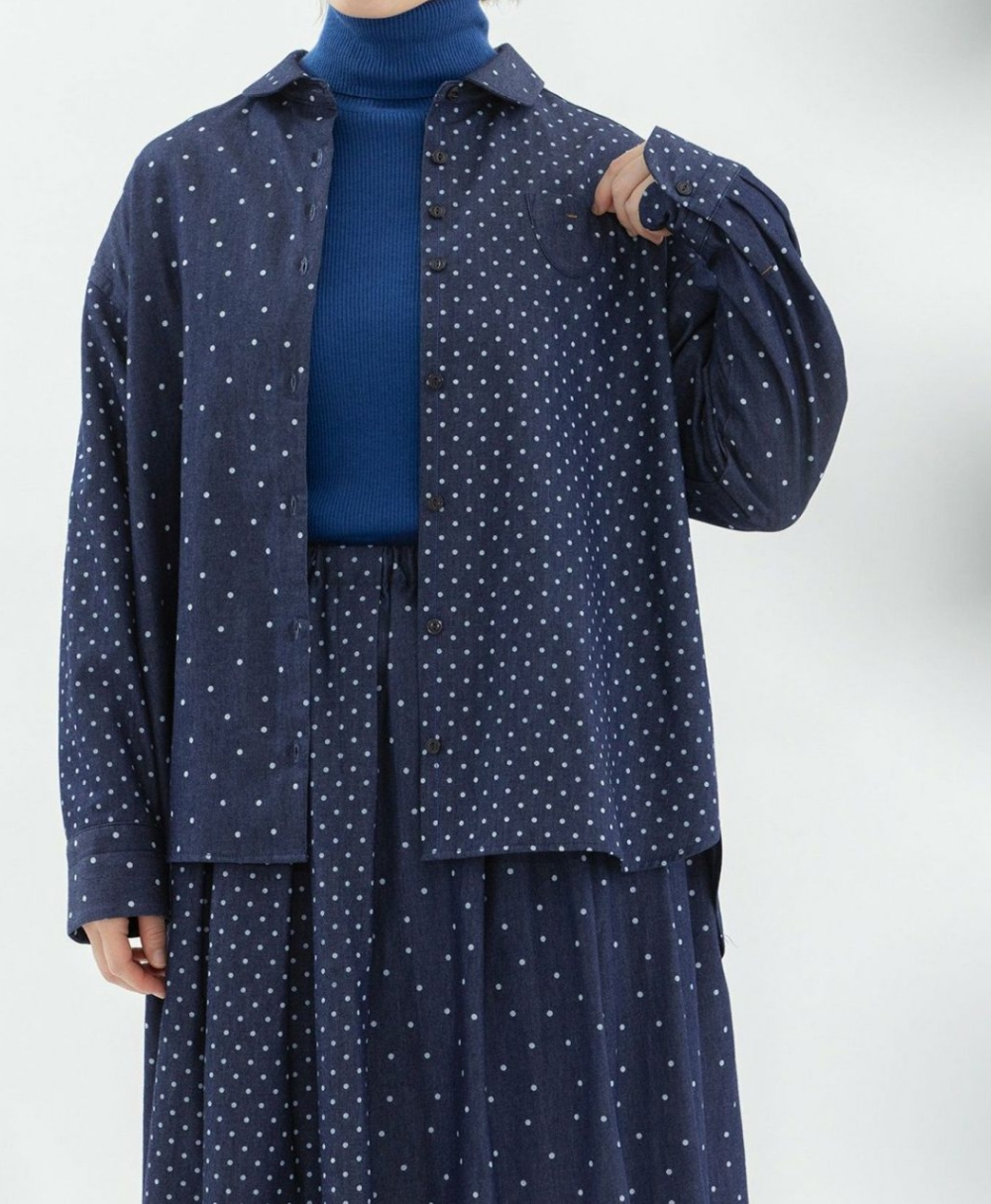 【6階ノップドゥノッド】丸襟がかわいいmixドットデニムシャツ