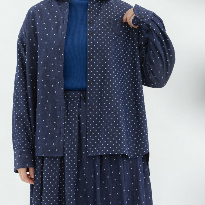 【6階ノップドゥノッド】丸襟がかわいいmixドットデニムシャツ